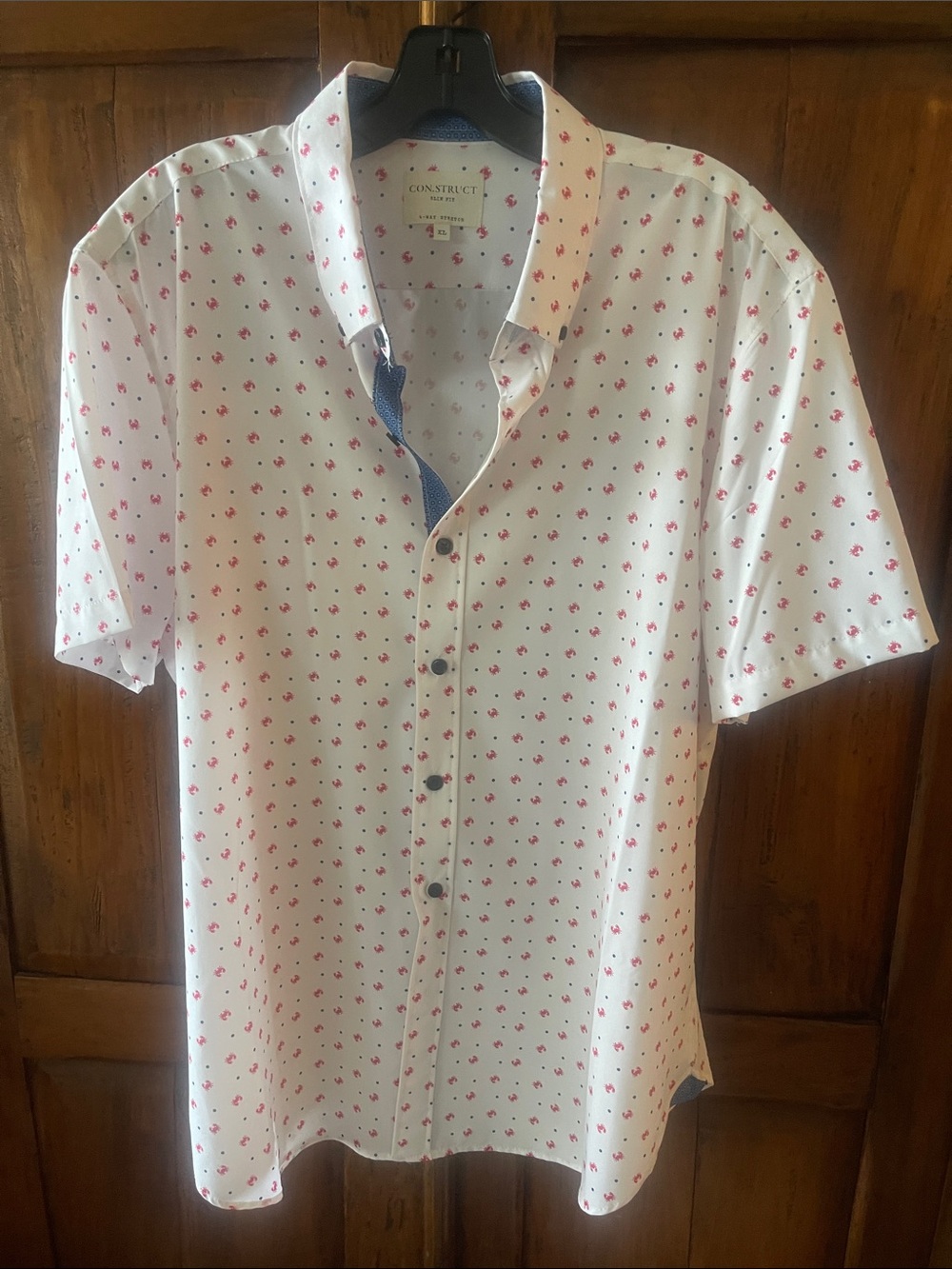 Construct White Short-Sleeve Button-Down Shirt with Red Micro nautical Print